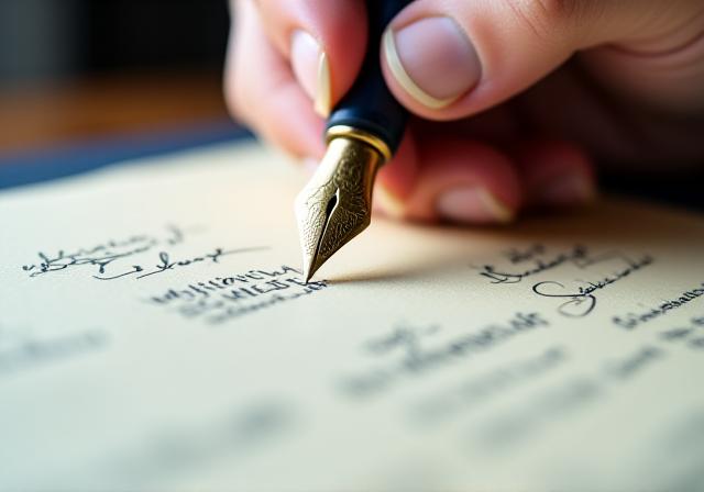 Close up of a fountain pen signing a high-quality paper contract