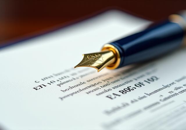 Close-up of a high-quality fountain pen resting on a detailed legal contract with professional lighting