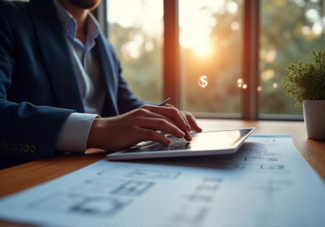 Close up of a professional architect or designer working on a blueprint with digital overlay symbols